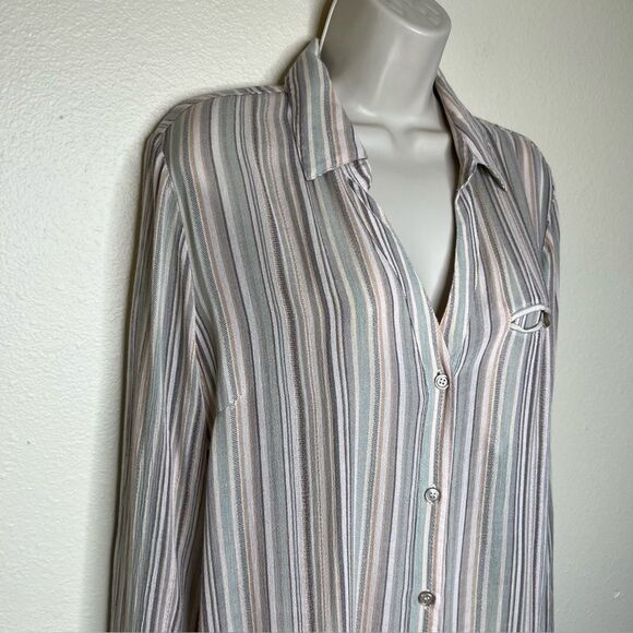 Kut From The Kloth Jasmine Stripe Gauze Shirt Roll Tab Long Sleeve Women XL FLAW - Picture 2 of 13